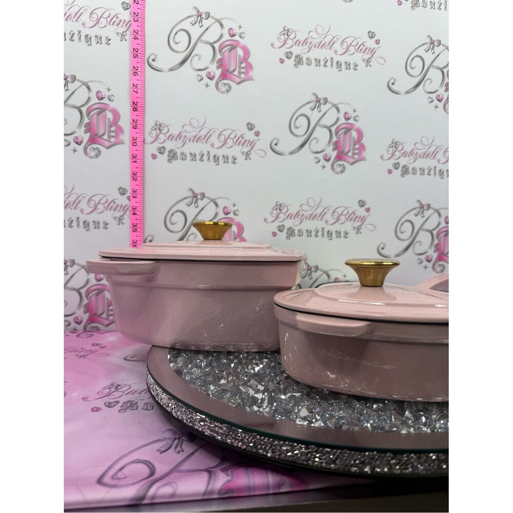 3 pots pans heart shape cast iron Pink Heart-Shaped Cookware Set lids gold knob - Picture 3 of 12